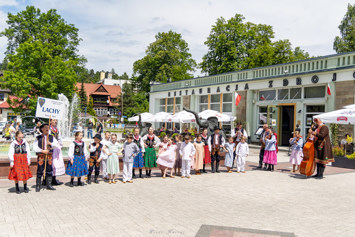 Jeden z zespołów przy fontannie ze słoniami.